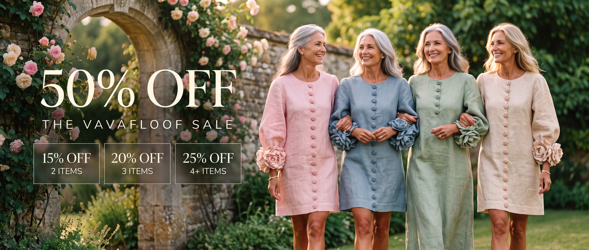 VavaFloof Dresses Collection sale - 50% off, four women in floral cuff dresses