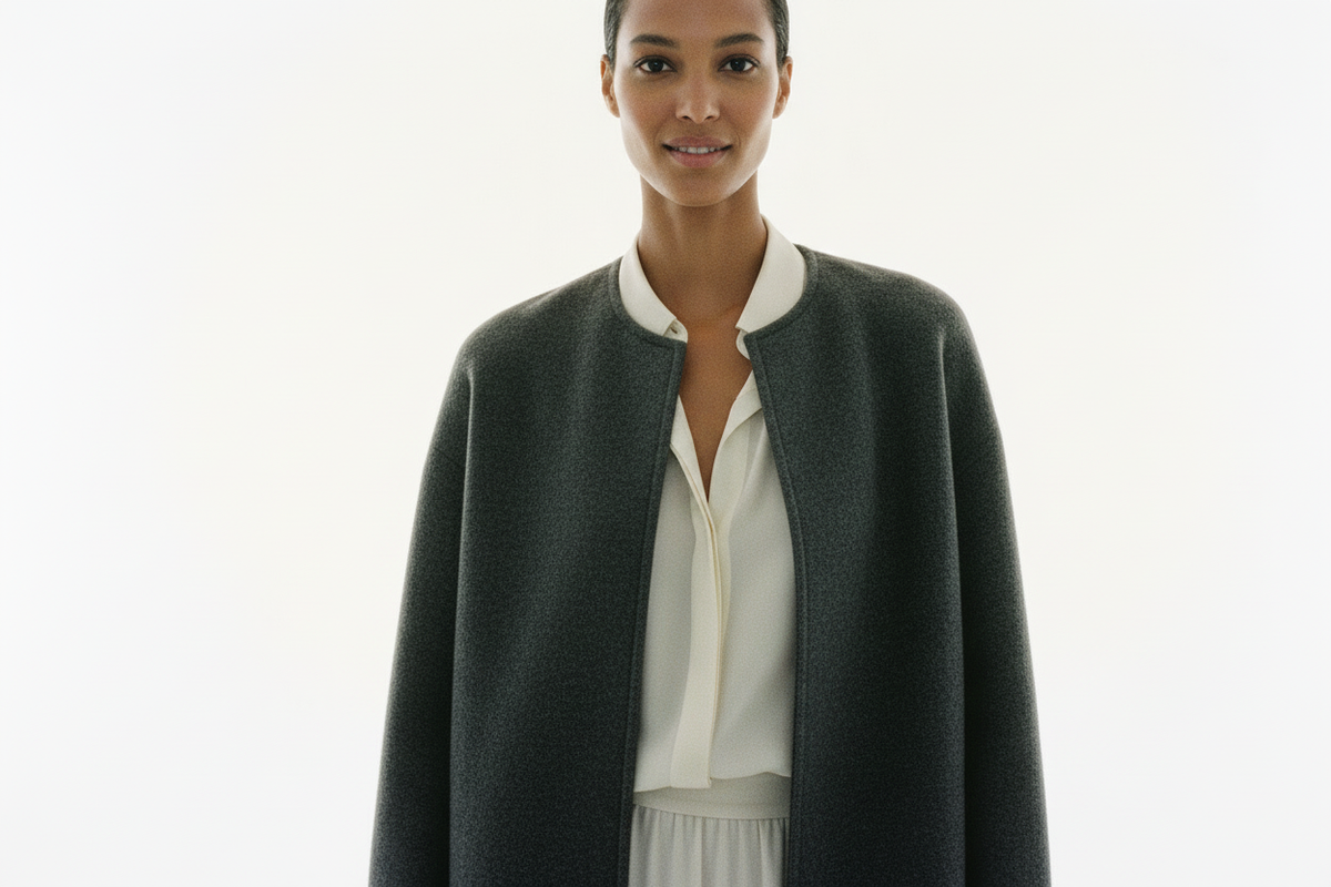 Hij mag iets meer uitgezoomd zijn, het moet een foto zijn waarbij je de collectie ziet. Ik zou zeggen een wijde jas basic maar zeer luxe, met een wide fit shirt eronder. Model mag hetzelfde zijn als deze