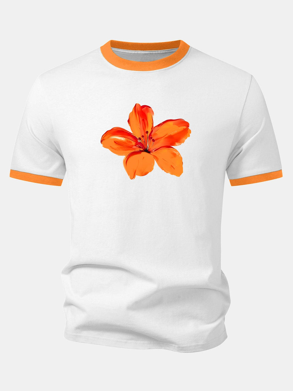 Waterverf hibiscus print contrast ringer T-shirt