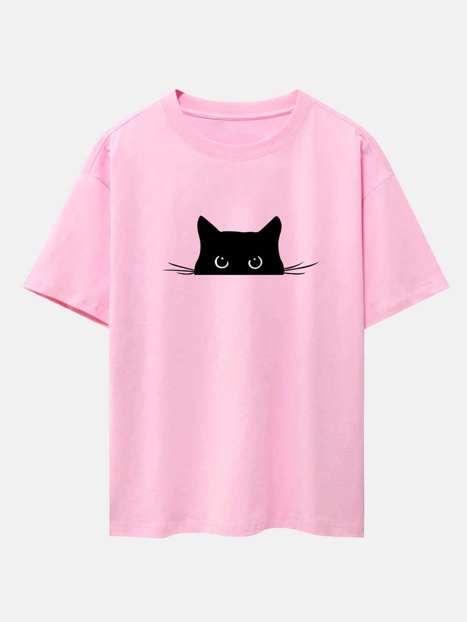 Zwarte Kat Print Drop Shoulder Oversized T-shirt