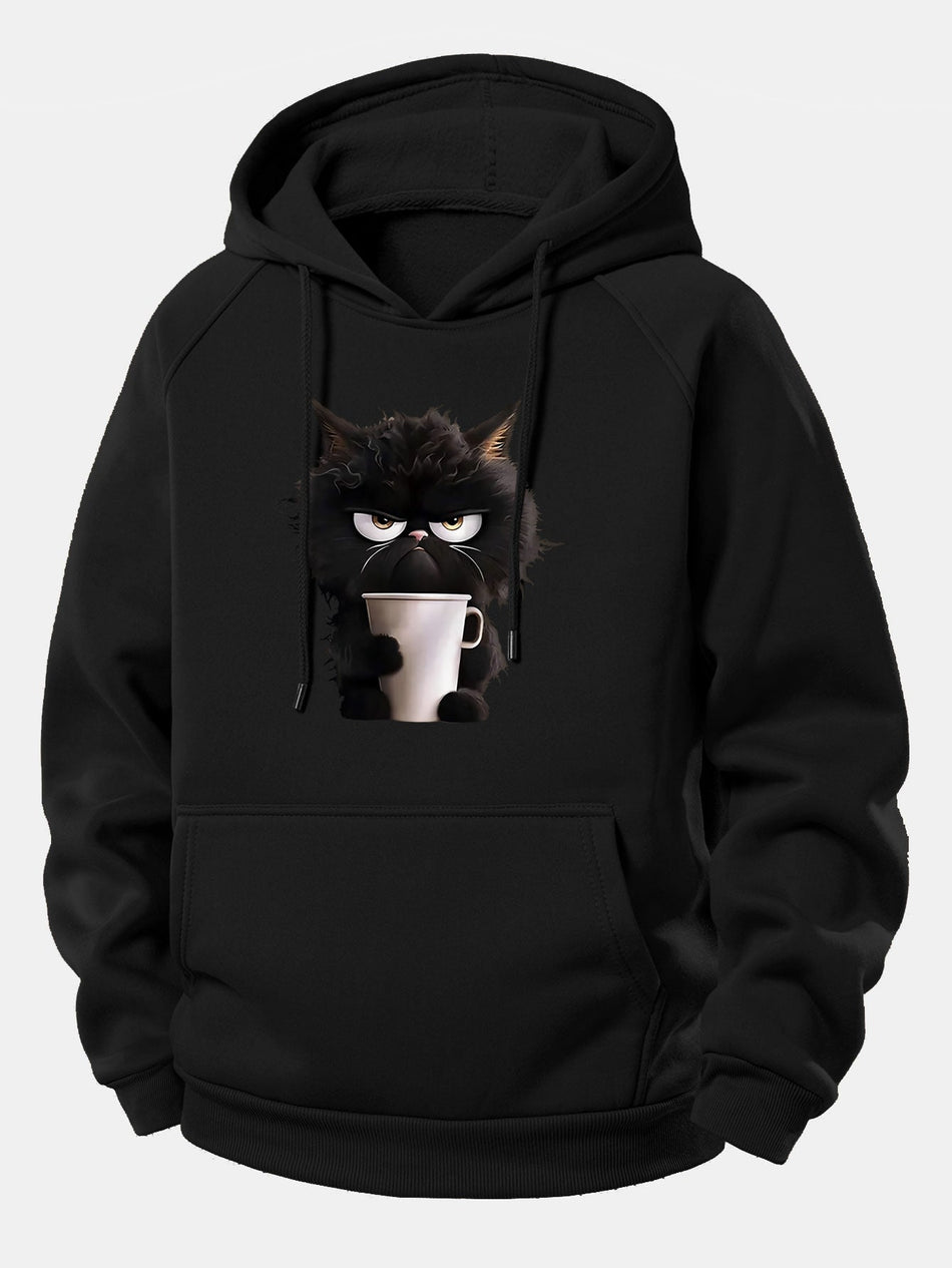 Zwarte Kat Drinkt Koffie Print Trekkoord Hoodie