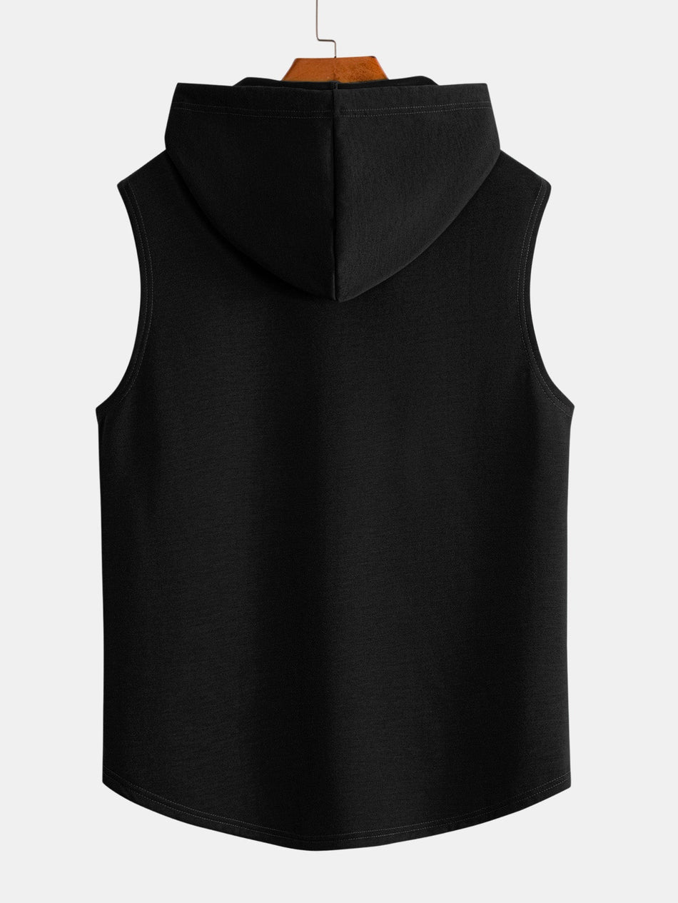 Zwarte mouwloze tanktop met capuchon en gebogen zoomprint