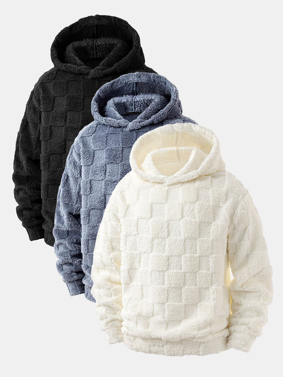 3-delige set relaxed fit teddy hoodie met dambordpatroon