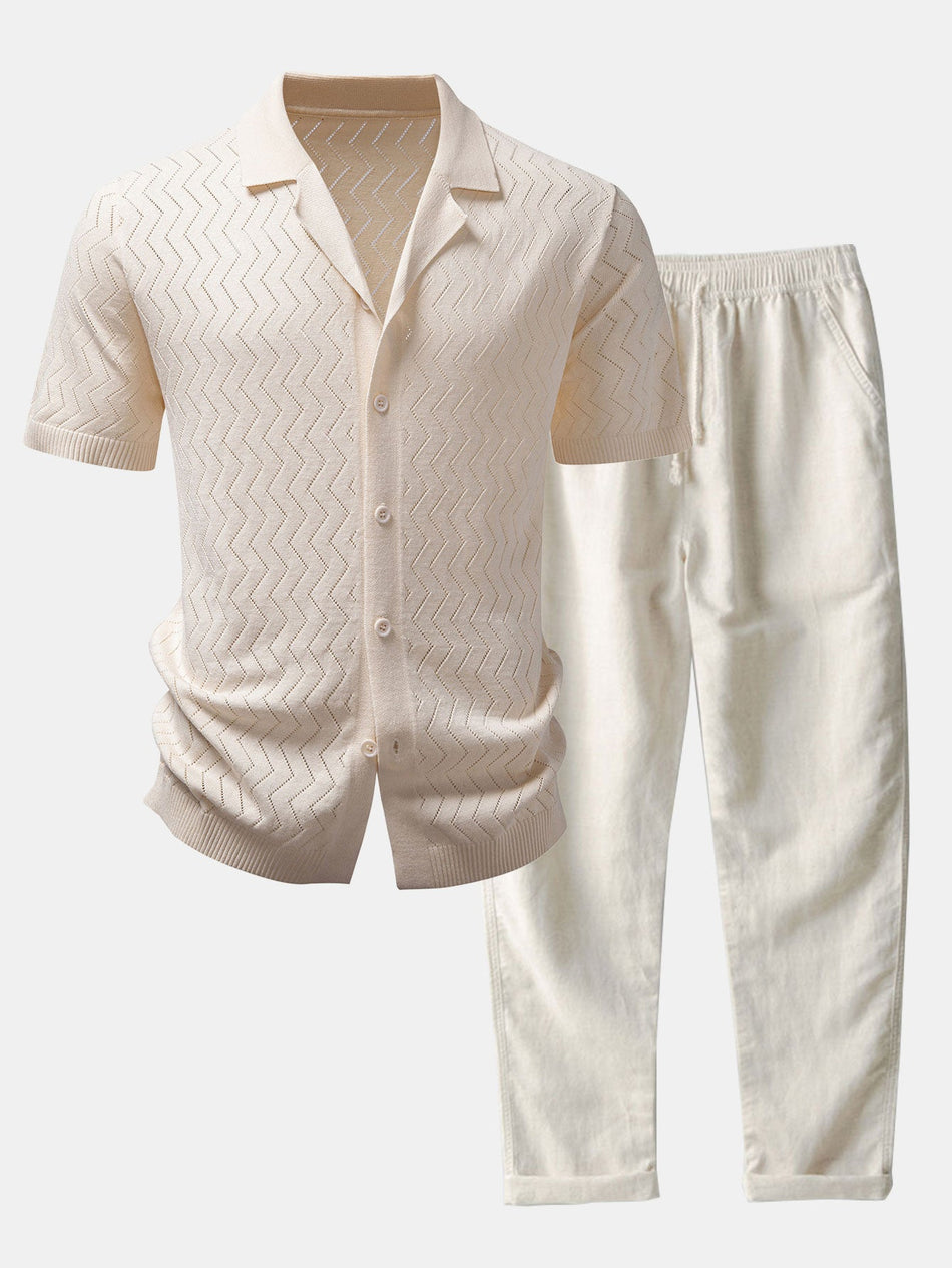 Zigzag Open Gebreid Overhemd & Rechte Linnen Broek