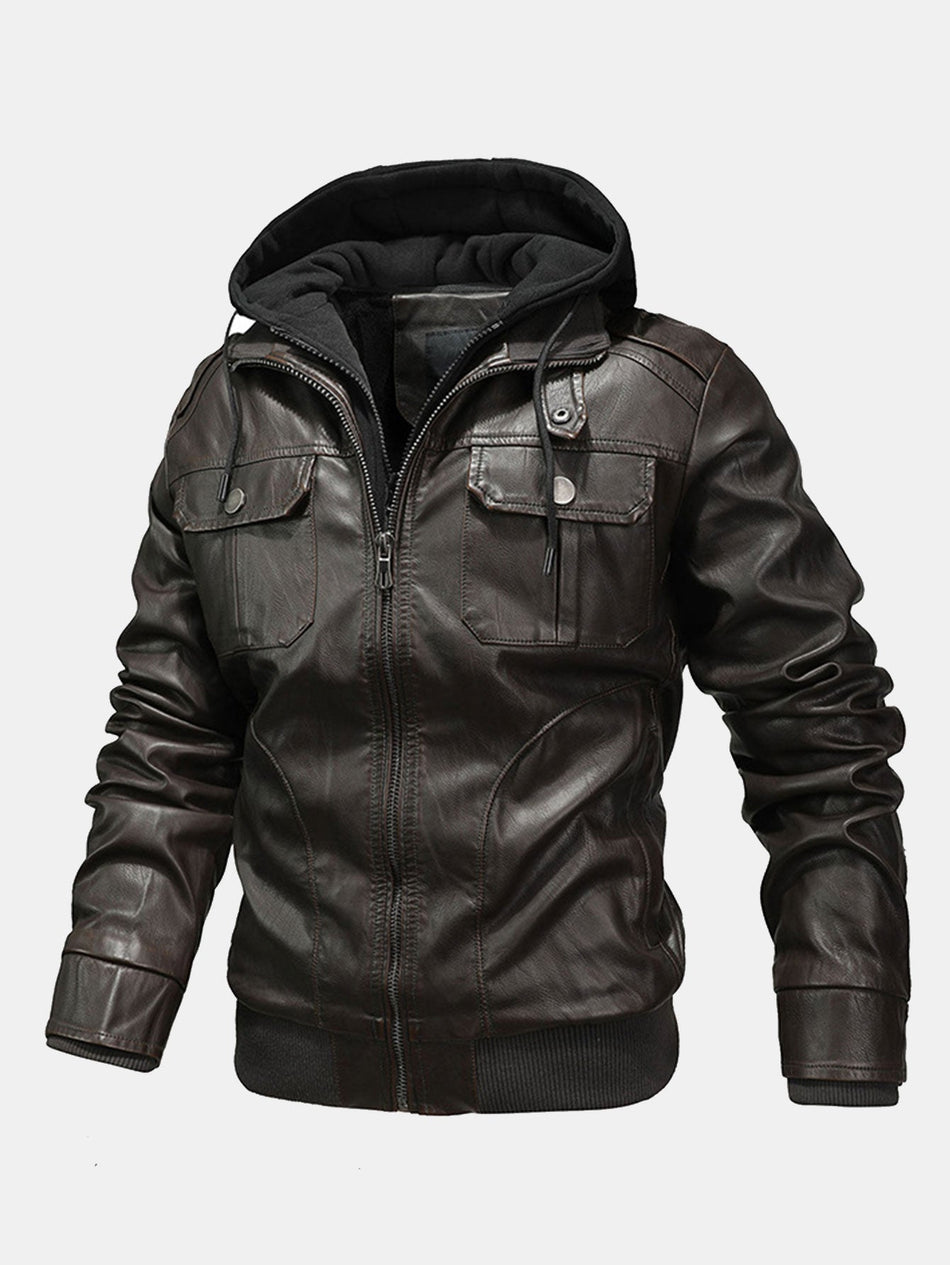 2-in-1 PU leren jas met afneembare capuchon