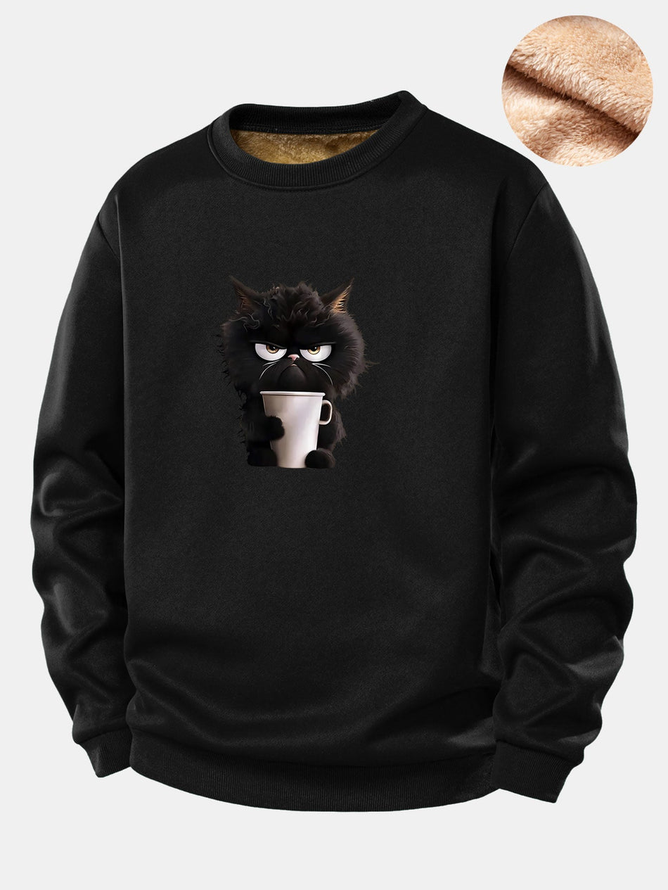 Zwarte Kat Koffie Drinken Print Teddy Fleece Gevoerde Sweatshirt