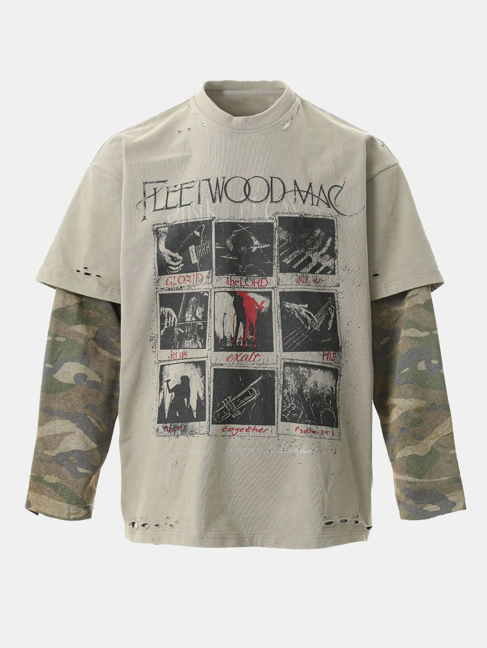 2-in-1 Camouflage Gewassen Gescheurd Rock Print T-shirt