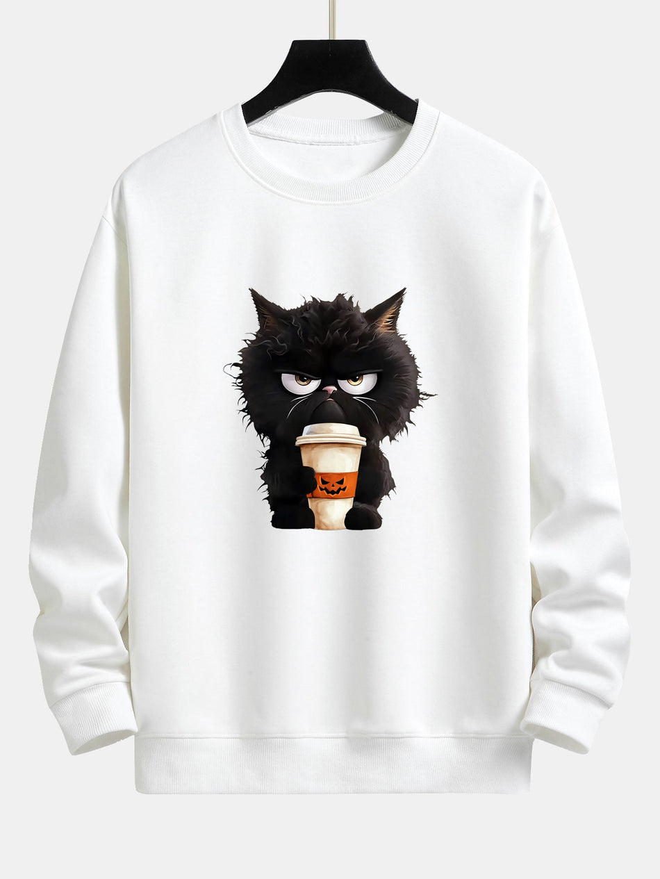 Zwarte Kat Halloween Koffie Print Relaxed Fit Sweatshirt