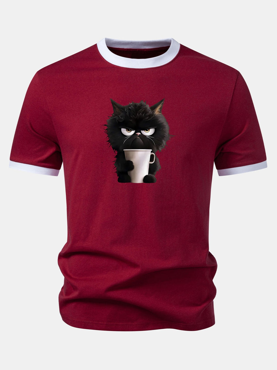 Zwarte Kat Drinkt Koffie Print Contrast Ringer T-Shirt