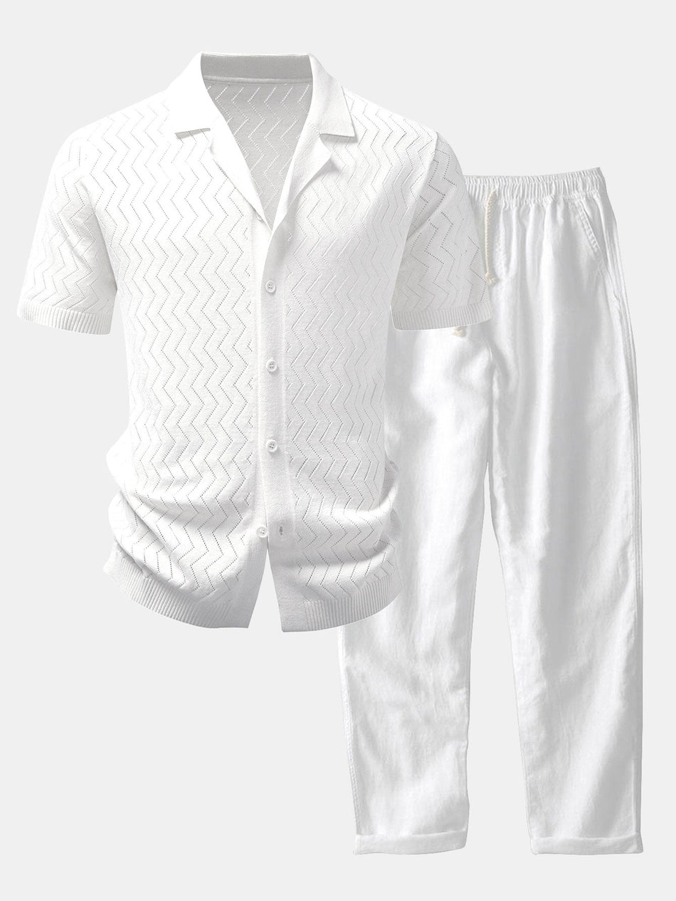 Zigzag Open Gebreid Overhemd & Rechte Linnen Broek