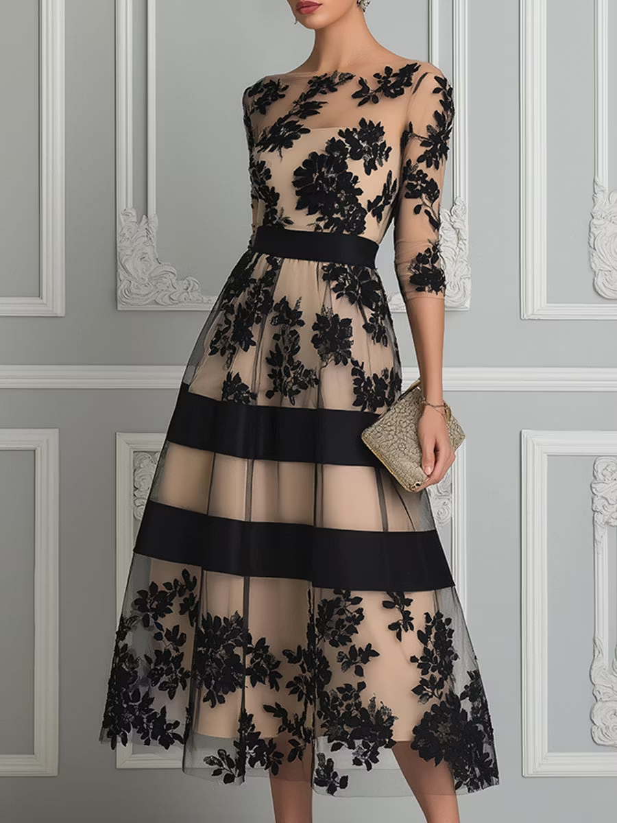 Elegant A-Line Midi Dress in Black Lace