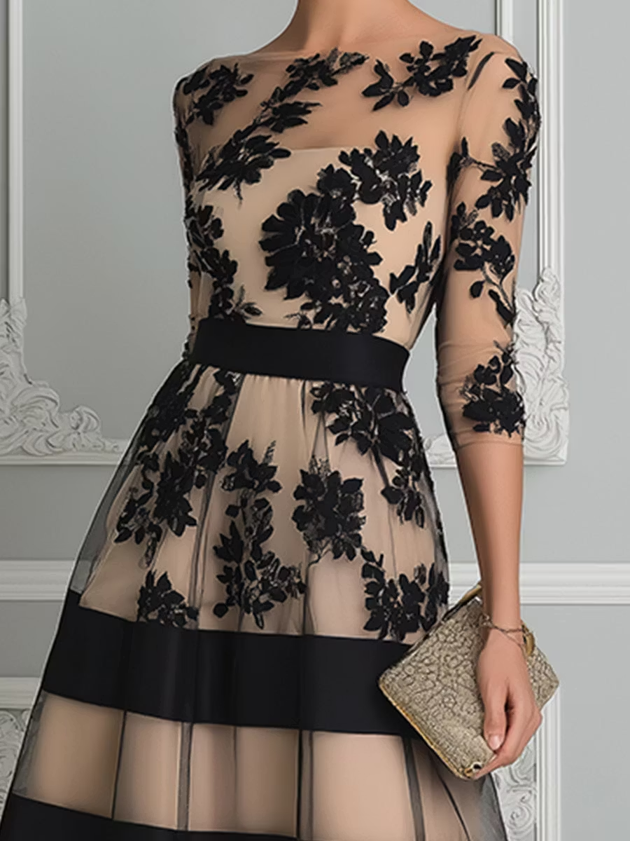 Elegant A-Line Midi Dress in Black Lace