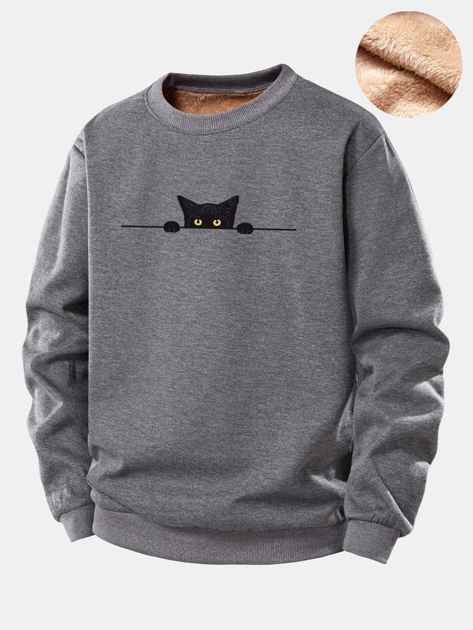 Zwarte Kat Print Teddy Fleece Gevoerde Sweatshirt