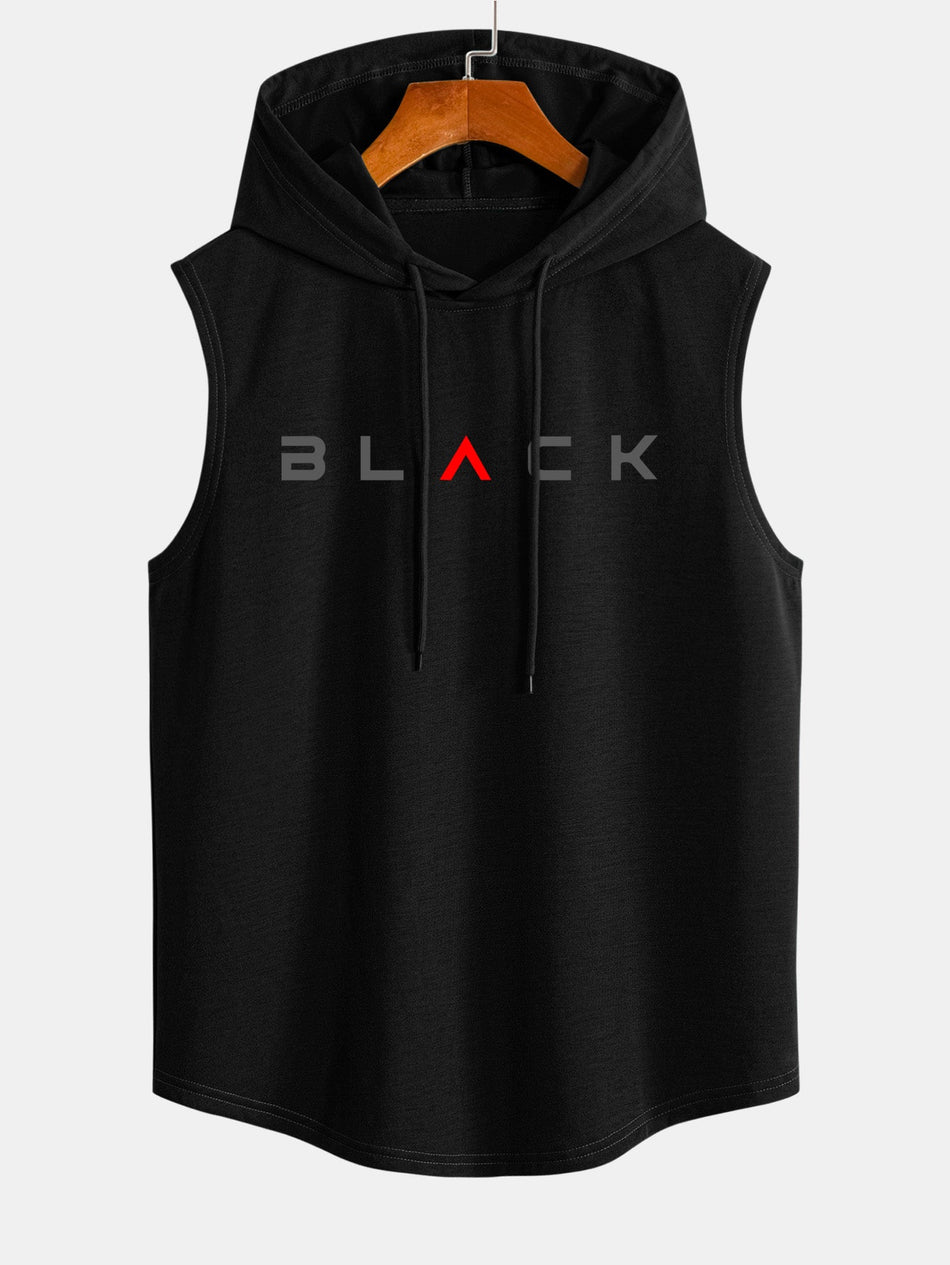 Zwarte mouwloze tanktop met capuchon en gebogen zoomprint
