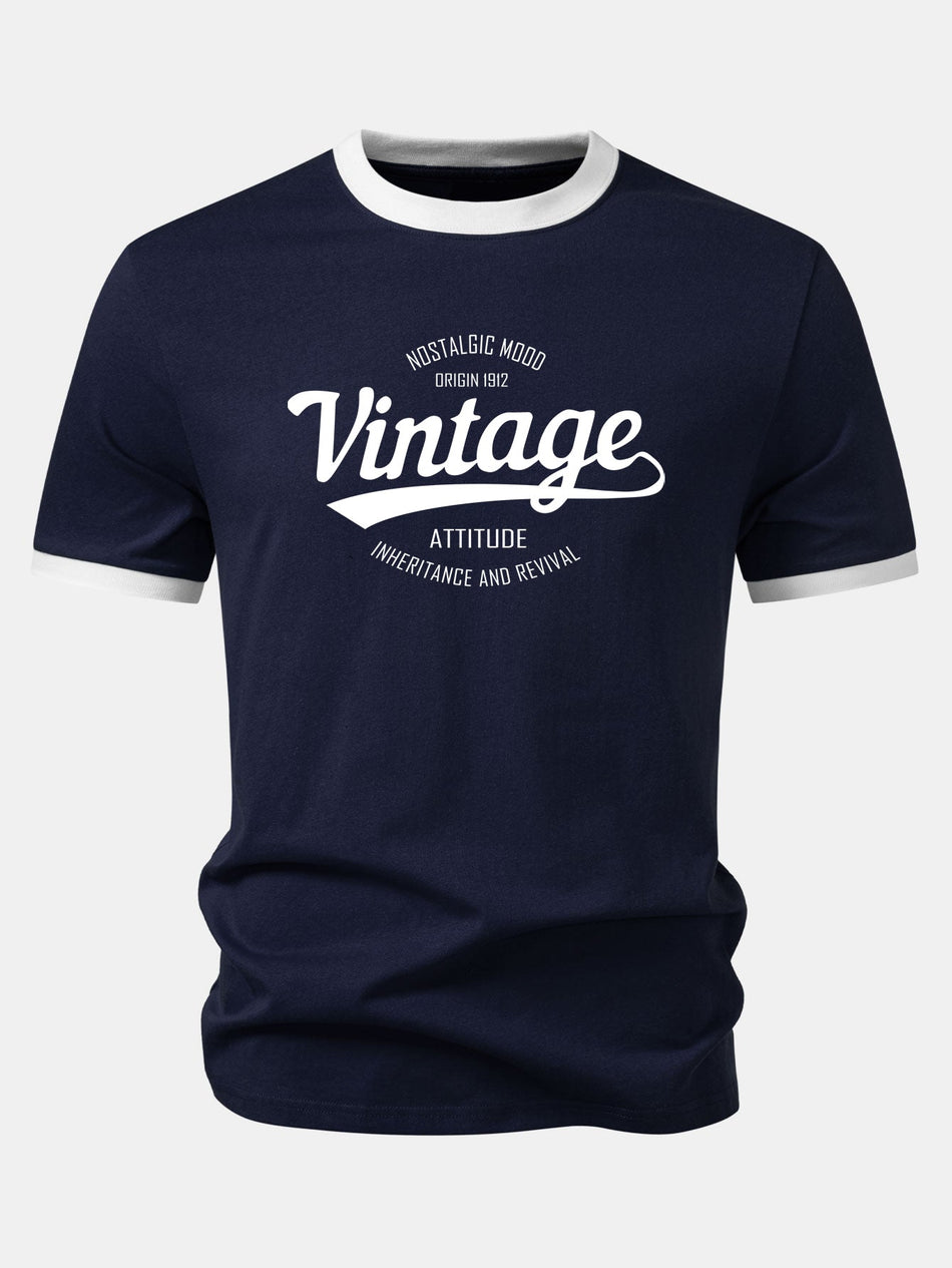 Vintage Print Contrasterende Ringer T-Shirt