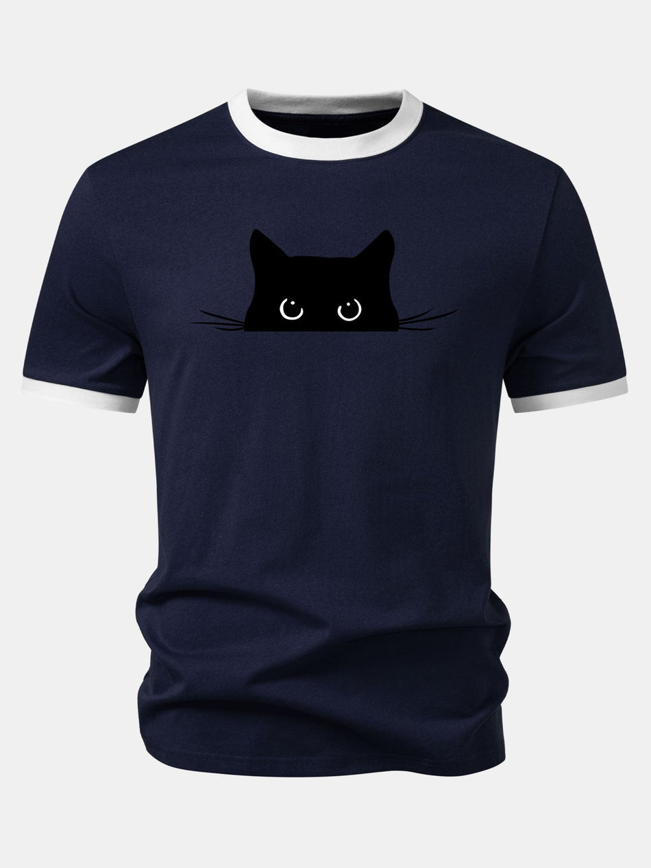 Zwarte Kat Print Contrast Ringer T-shirt