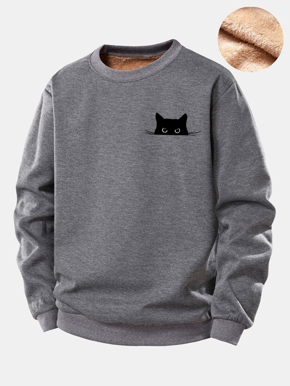 Zwarte Kat Print Teddy Fleece Gevoerde Sweatshirt
