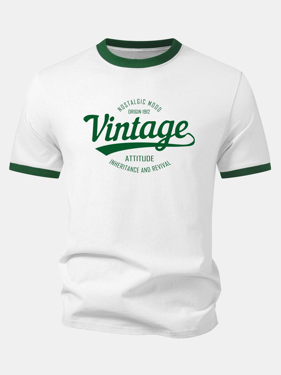 Vintage Print Contrasterende Ringer T-Shirt