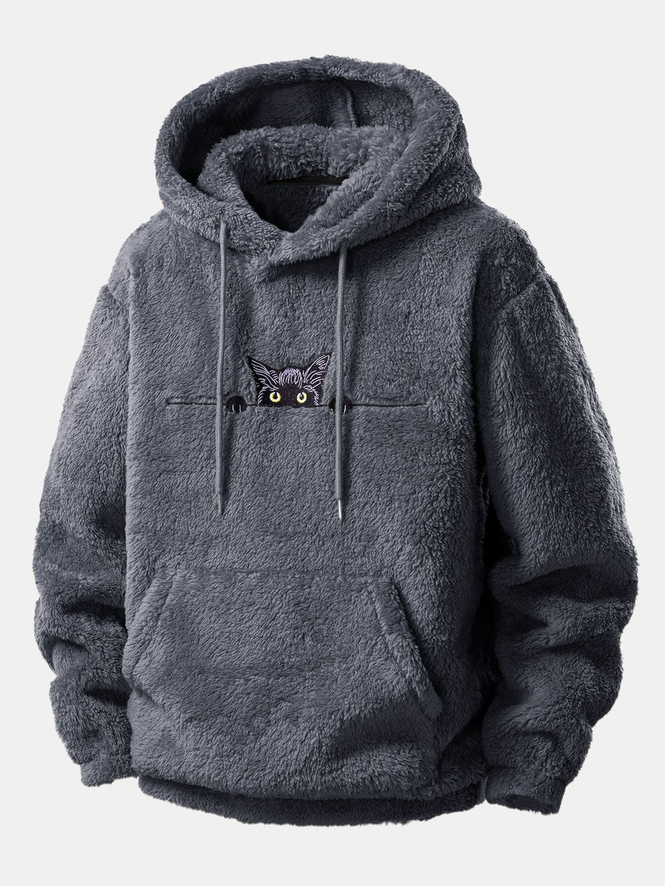 Zwarte Kat Geborduurde Teddy Hoodie