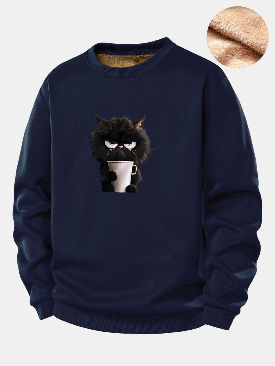 Zwarte Kat Koffie Drinken Print Teddy Fleece Gevoerde Sweatshirt