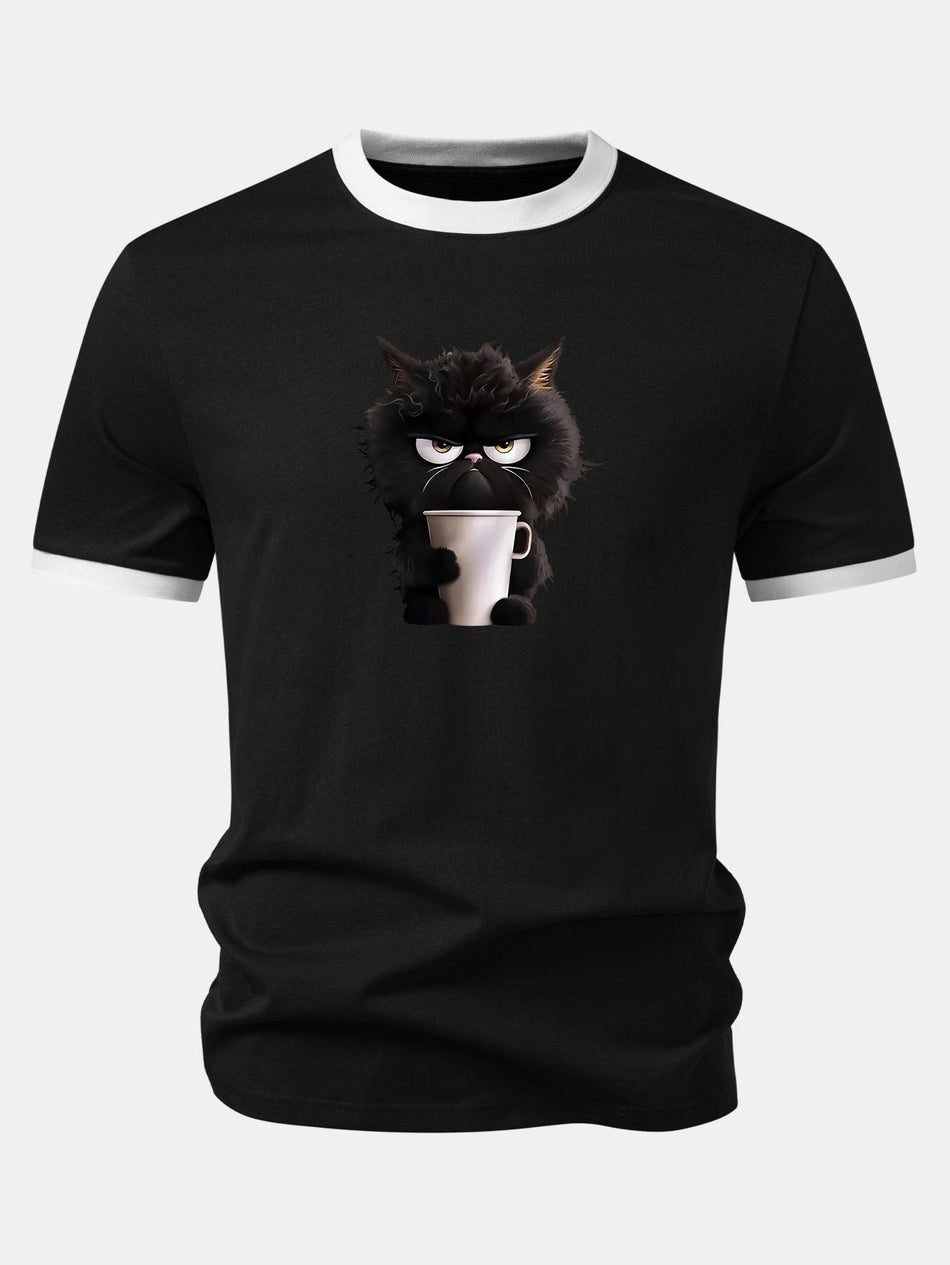 Zwarte Kat Drinkt Koffie Print Contrast Ringer T-Shirt