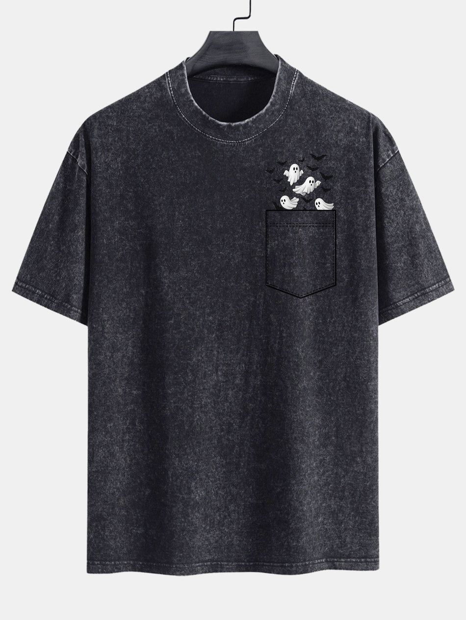 Zak Vleermuis Geest Print Gewassen Versleten Drop Shoulder T-Shirt
