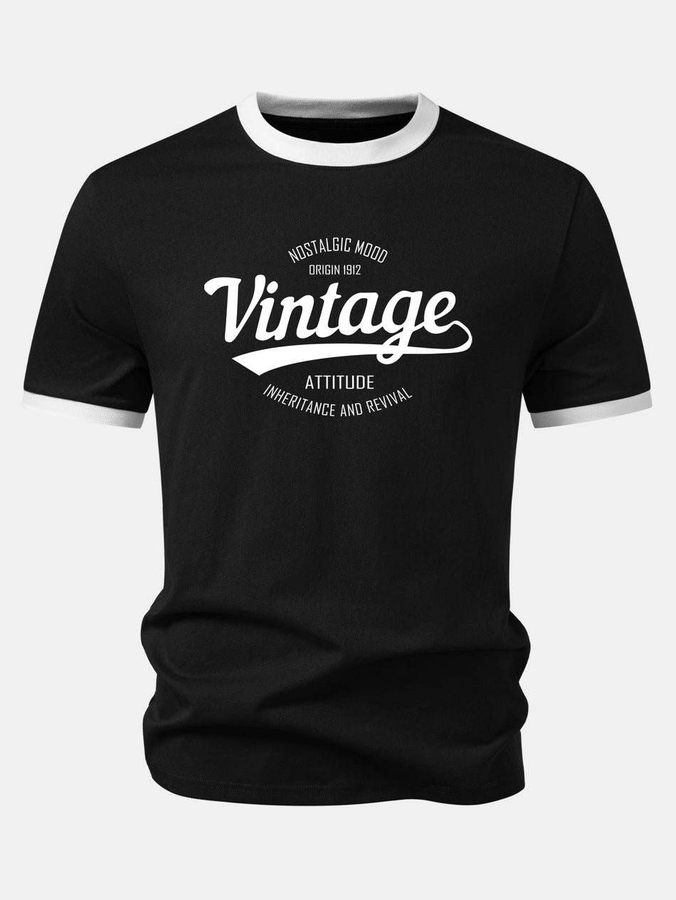 Vintage Print Contrasterende Ringer T-Shirt