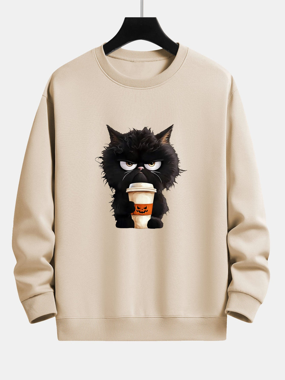 Zwarte Kat Halloween Koffie Print Relaxed Fit Sweatshirt