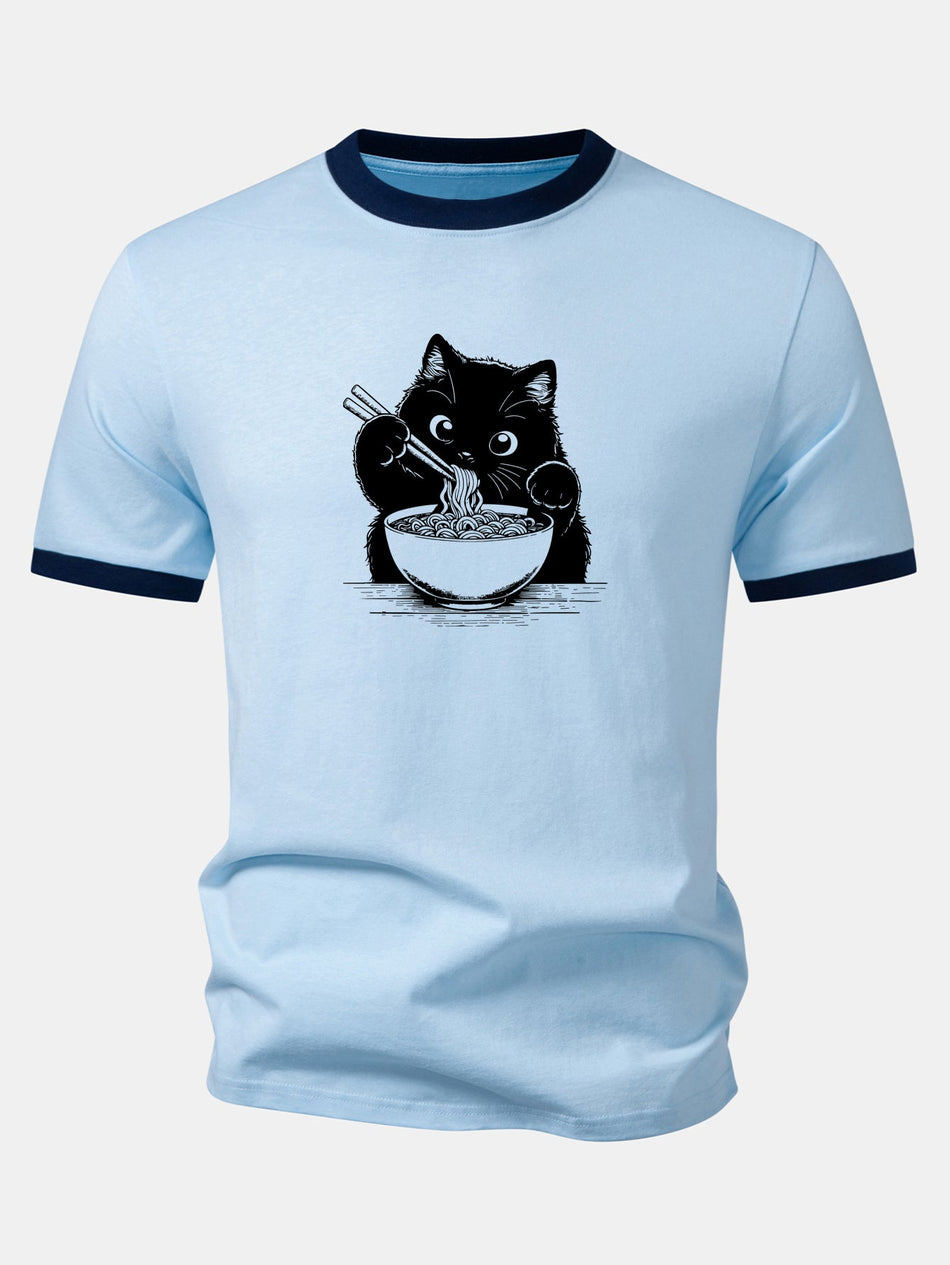 Zwarte Kat Ramen Print Contrasterende Ringer T-shirt
