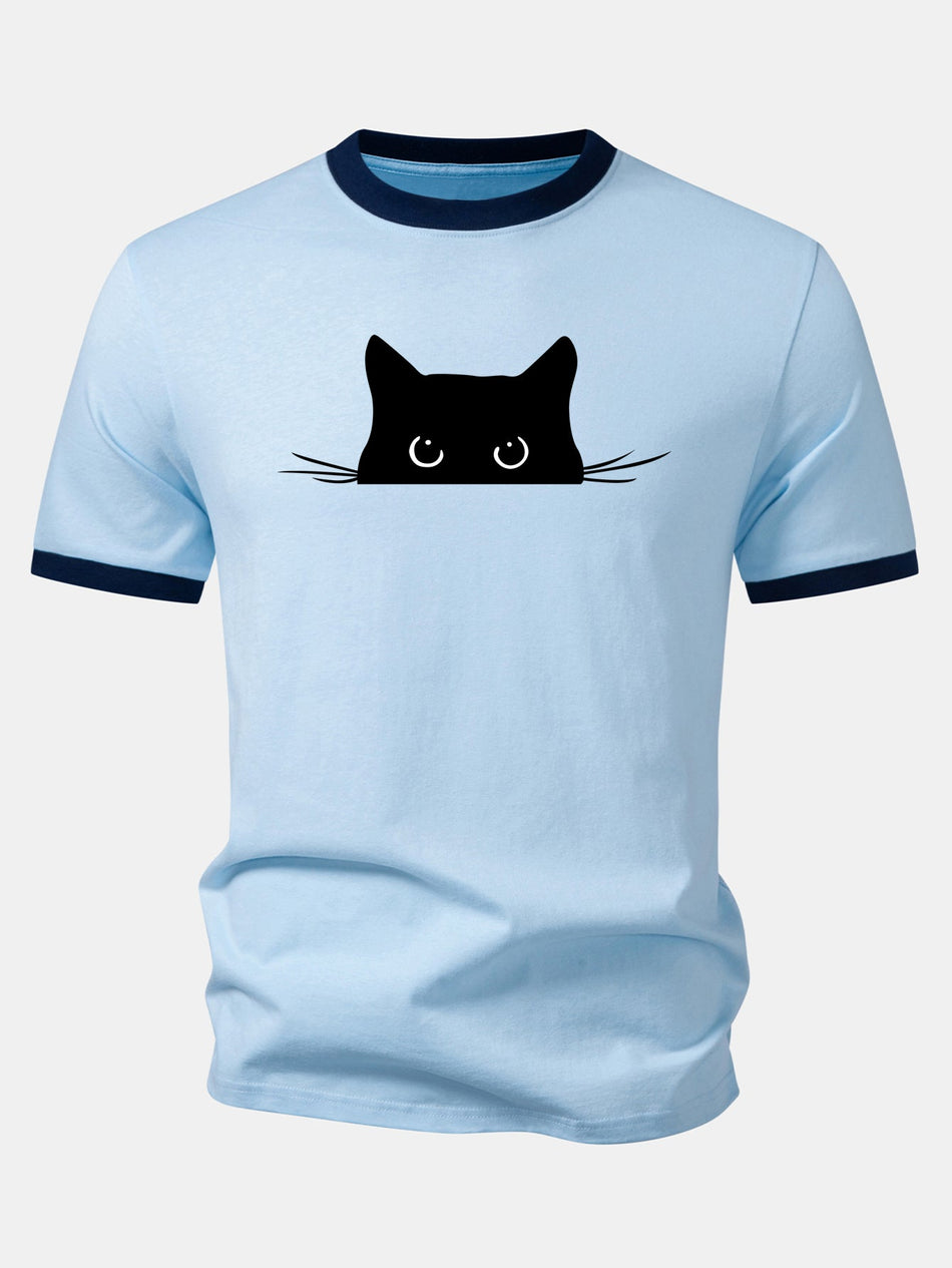 Zwarte Kat Print Contrast Ringer T-shirt
