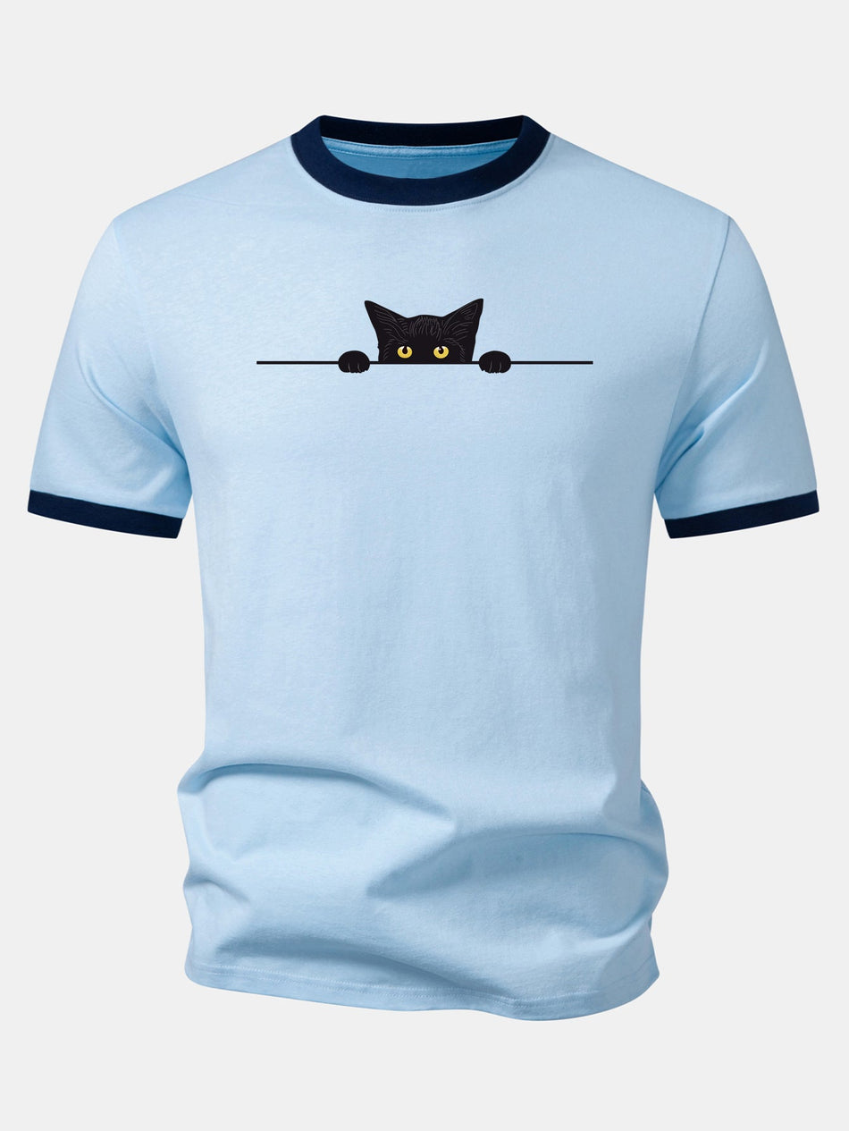 Zwarte Kat Print Contrast Ringer T-shirt