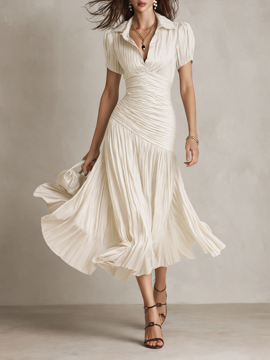 ISLA | Shirt-Style Pleated Stripe Midi Dress