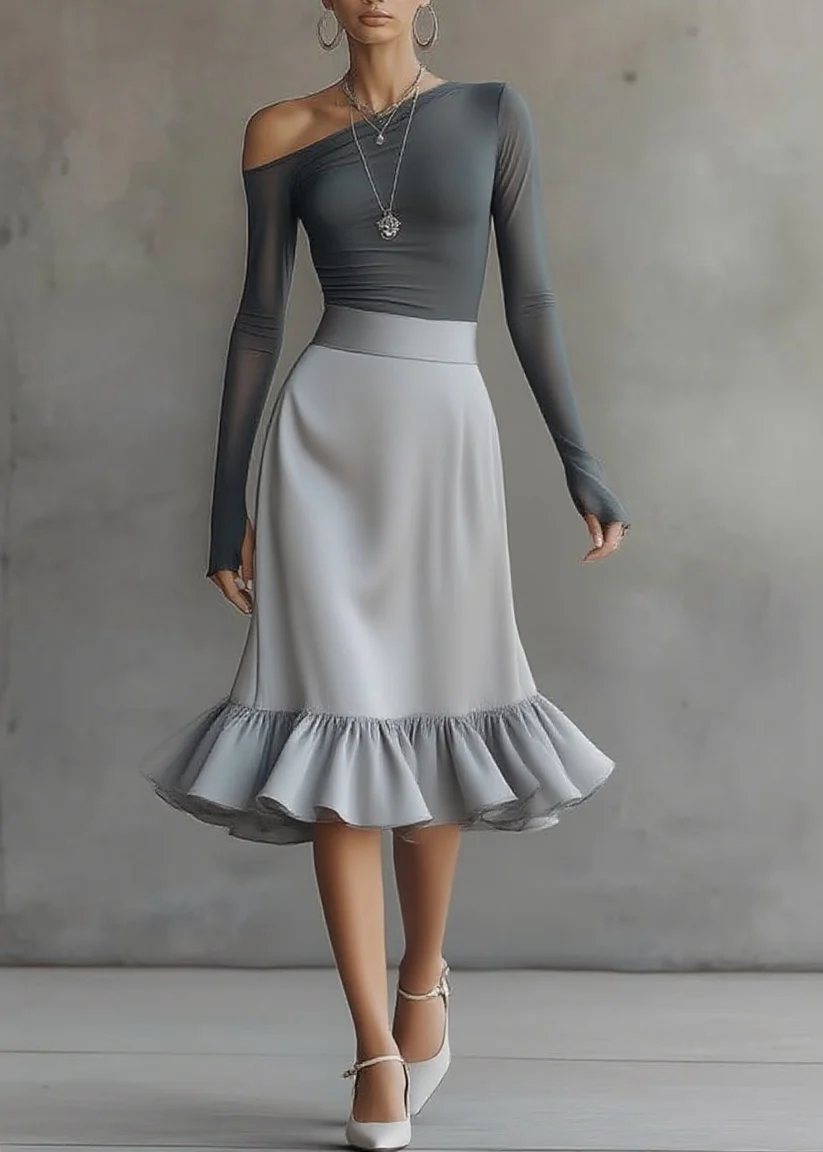 Grey Midi Two-Piece Set with Off-Shoulder Long-Sleeve Top & Frill-Hem Skirt