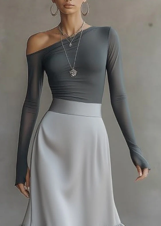 Grey Midi Two-Piece Set with Off-Shoulder Long-Sleeve Top & Frill-Hem Skirt