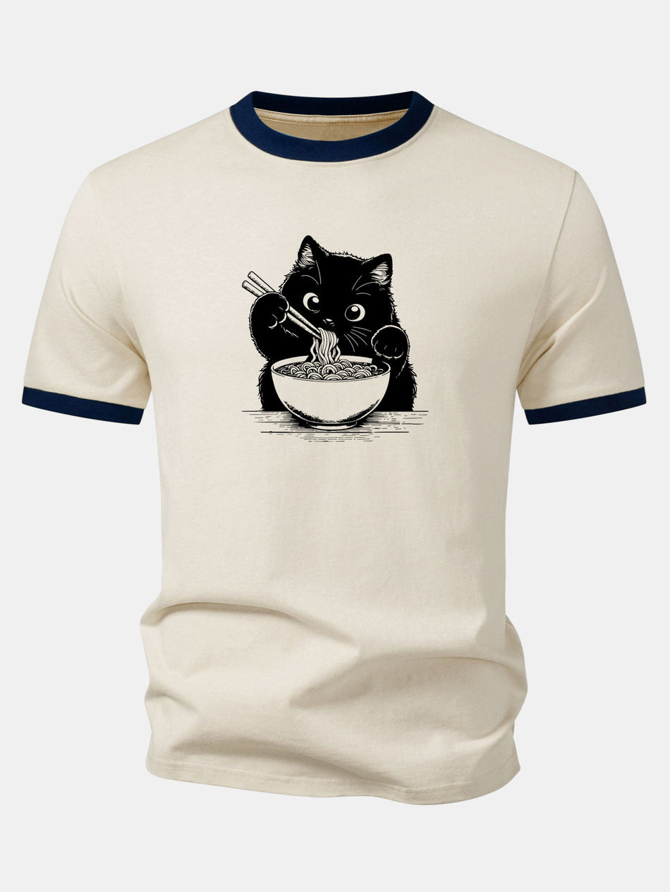 Zwarte Kat Ramen Print Contrasterende Ringer T-shirt
