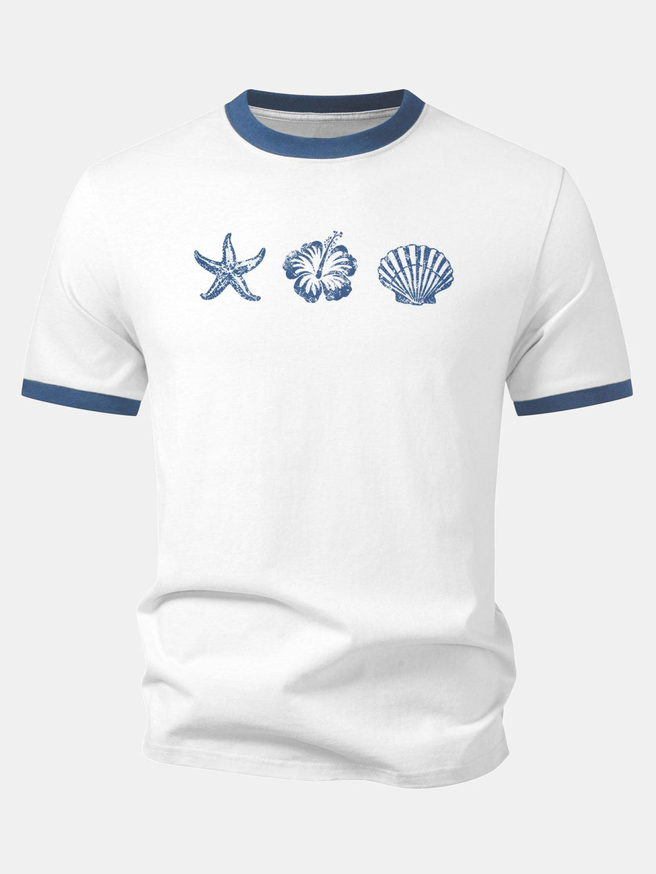 Zeester Hibiscus Schelpen Print Contrasterende Ringer T-Shirt