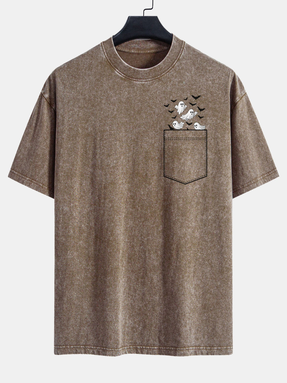 Zak Vleermuis Geest Print Gewassen Versleten Drop Shoulder T-Shirt