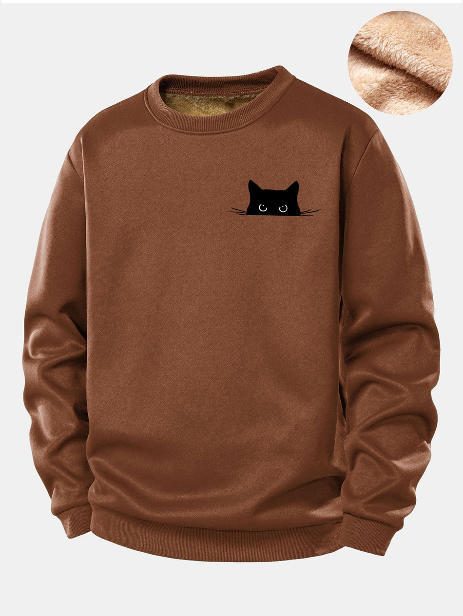 Zwarte Kat Print Teddy Fleece Gevoerde Sweatshirt