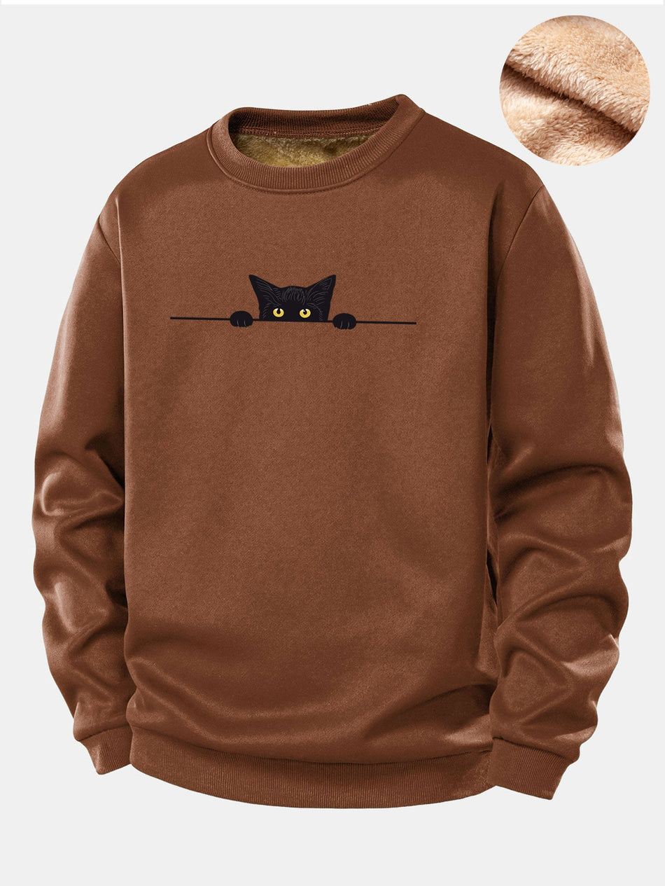 Zwarte Kat Print Teddy Fleece Gevoerde Sweatshirt