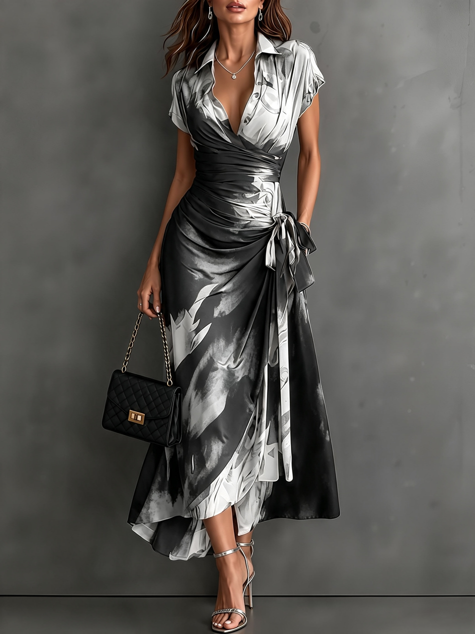 White Abstract Print Wrap Midi Dress