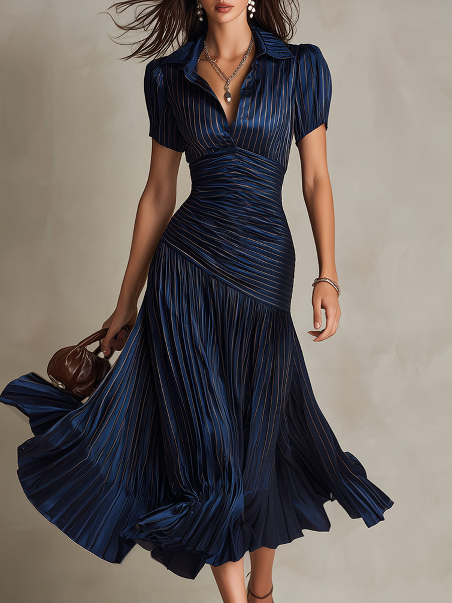 ISLA | Shirt-Style Pleated Stripe Midi Dress