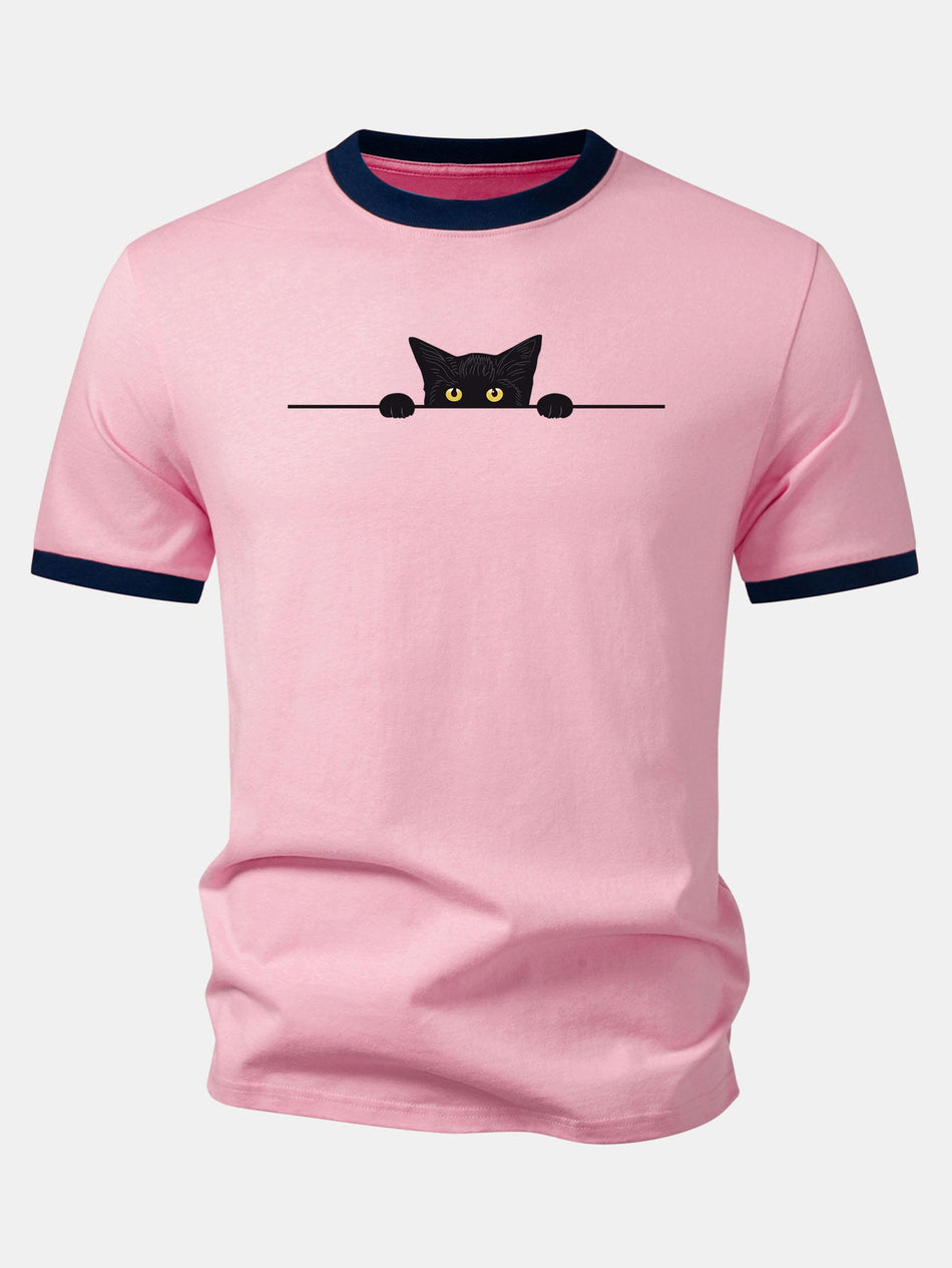 Zwarte Kat Print Contrast Ringer T-shirt