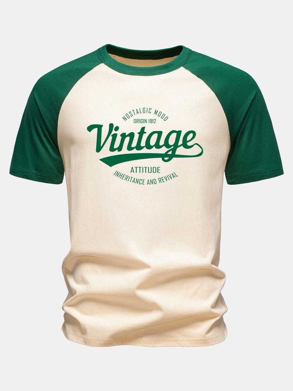 Vintage print katoenen T-shirt met raglanmouwen