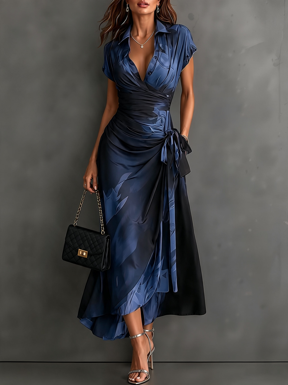 Blue Abstract Print Wrap Midi Dress