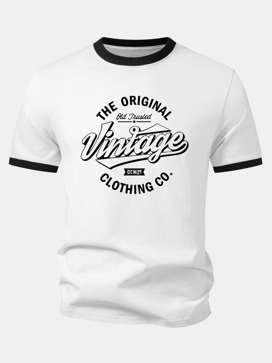 Vintage Print Contrasterende Ringer T-Shirt