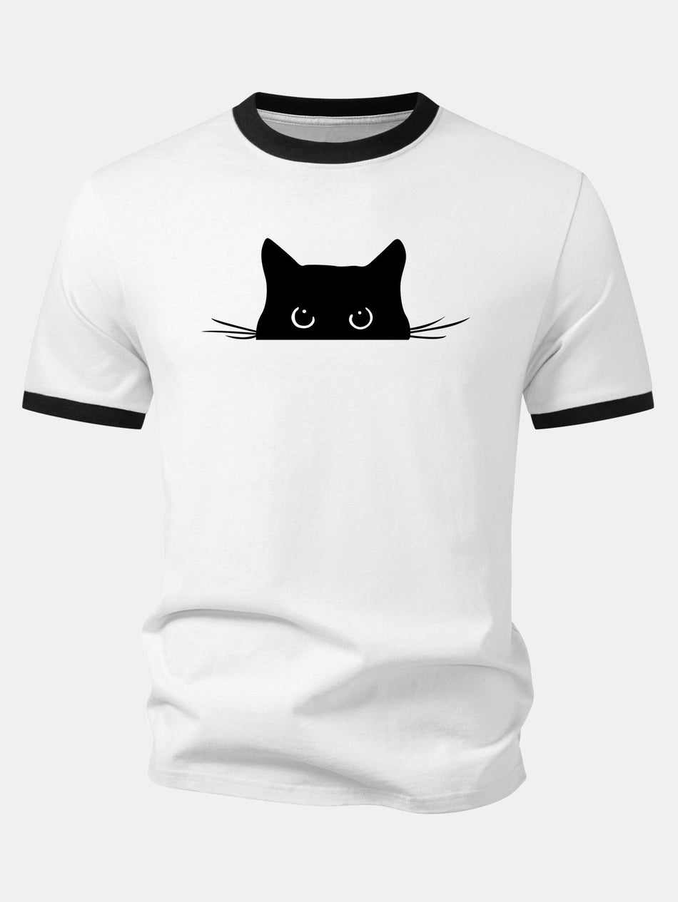 Zwarte Kat Print Contrast Ringer T-shirt