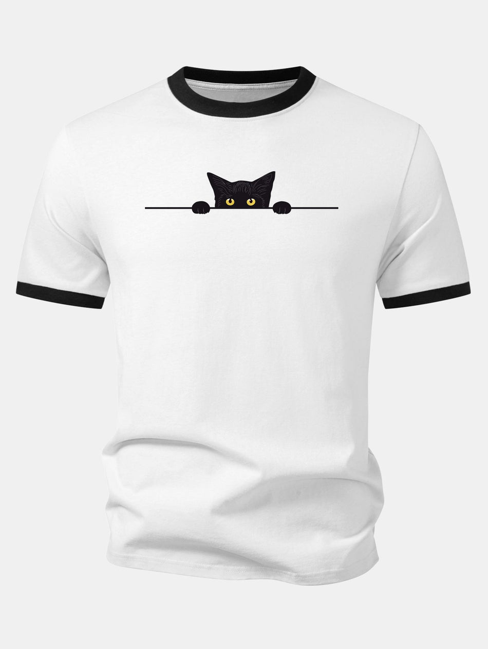 Zwarte Kat Print Contrast Ringer T-shirt