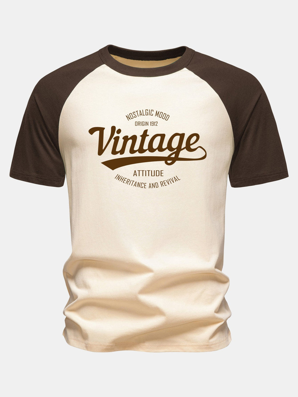 Vintage print katoenen T-shirt met raglanmouwen