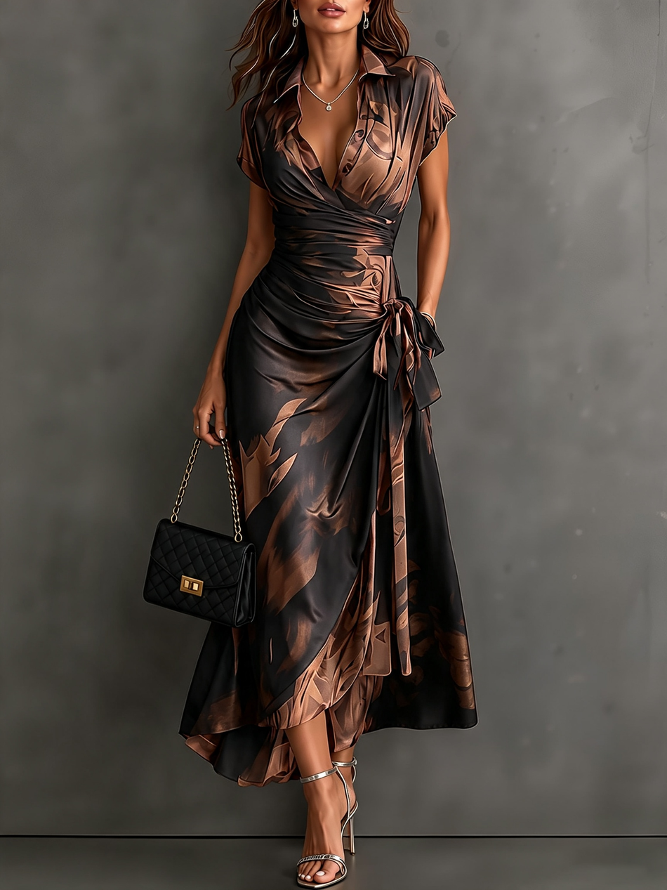 Brown Abstract Print Wrap Midi Dress