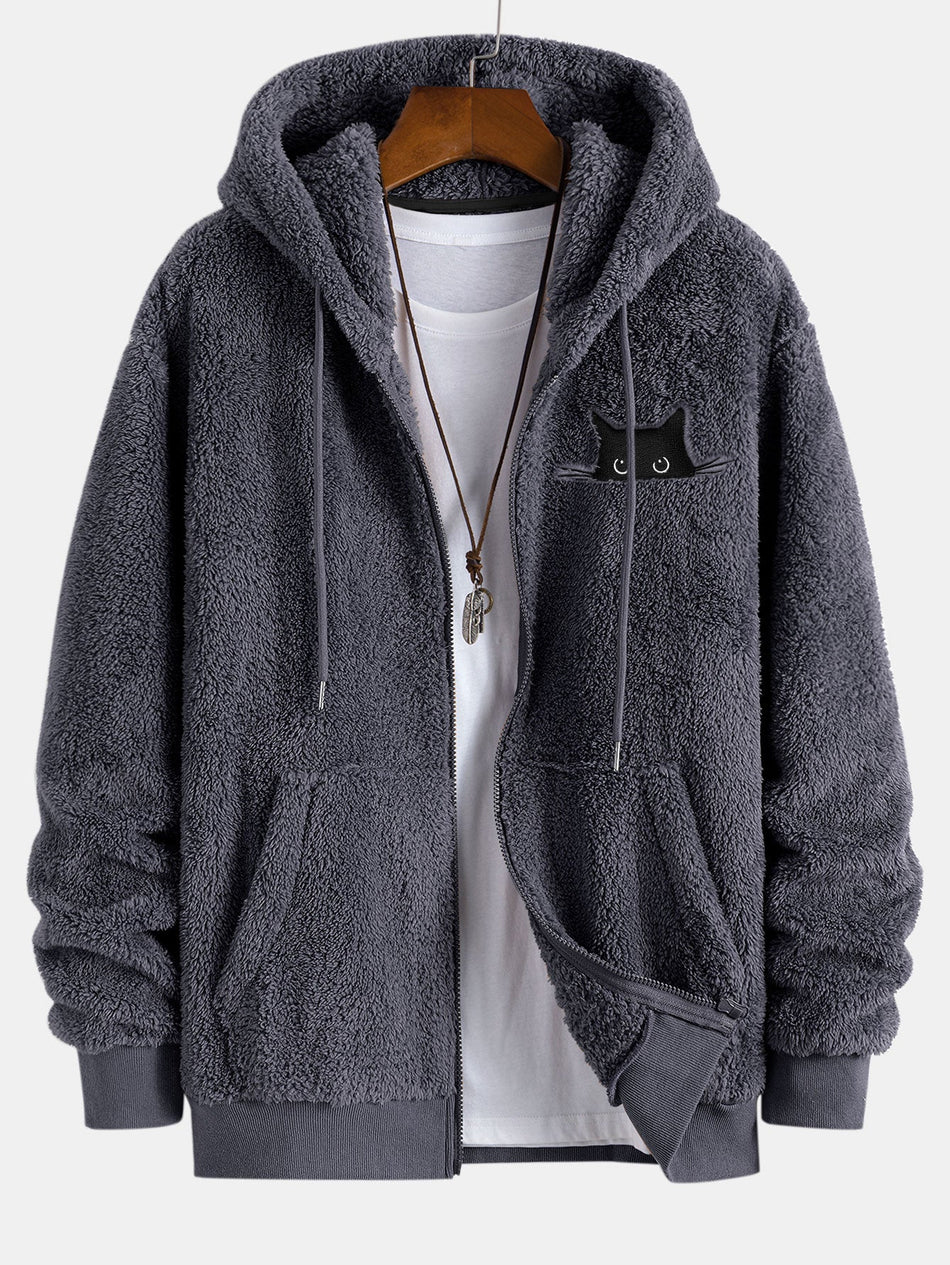 Zwarte Kat Geborduurde Teddy Rits Hoodie